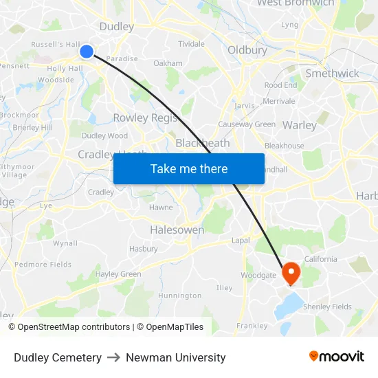 Dudley Cemetery to Newman University map