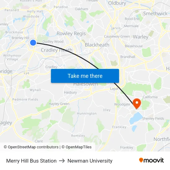 Merry Hill Bus Station to Newman University map