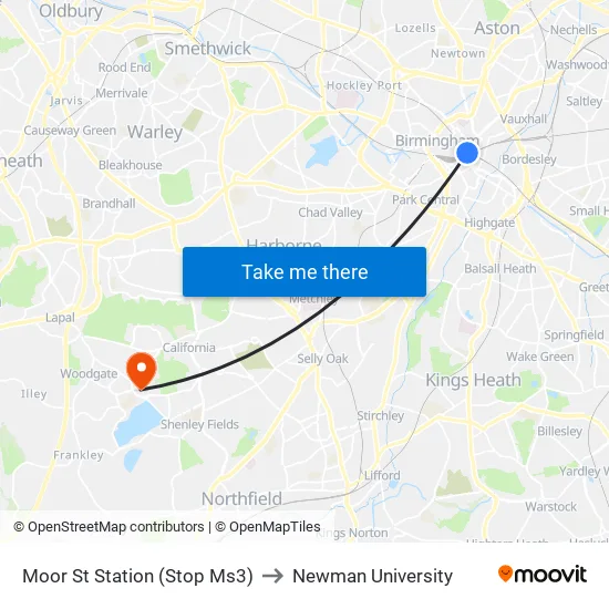 Moor St Station (Stop Ms3) to Newman University map