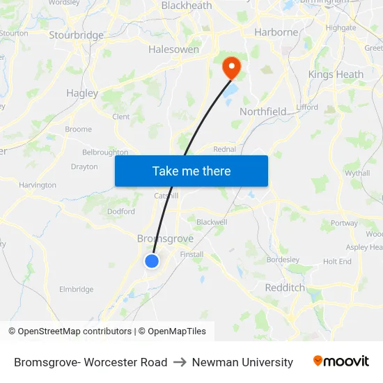 Bromsgrove- Worcester Road to Newman University map