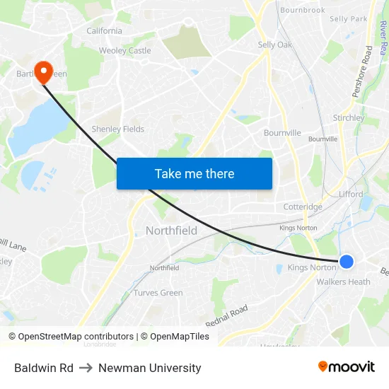 Baldwin Rd to Newman University map