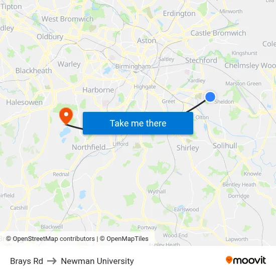 Brays Rd to Newman University map