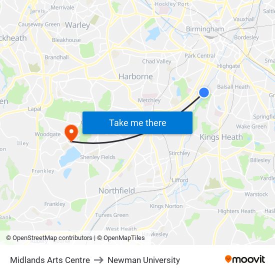 Midlands Arts Centre to Newman University map