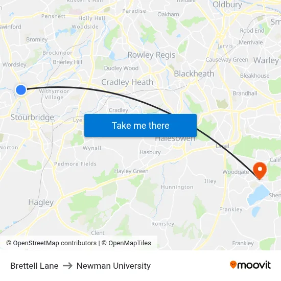 Brettell Lane to Newman University map