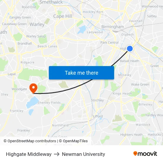 Highgate Middleway to Newman University map