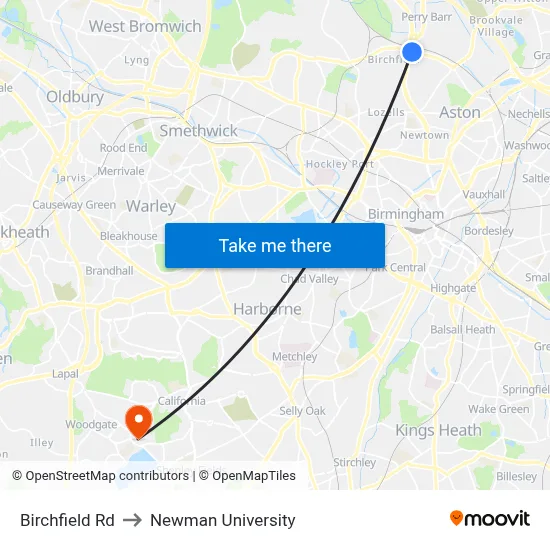 Birchfield Rd to Newman University map