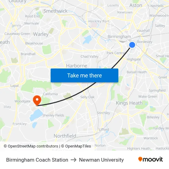 Birmingham Coach Station to Newman University map