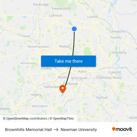 Brownhills Memorial Hall to Newman University map