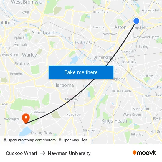 Cuckoo Wharf to Newman University map