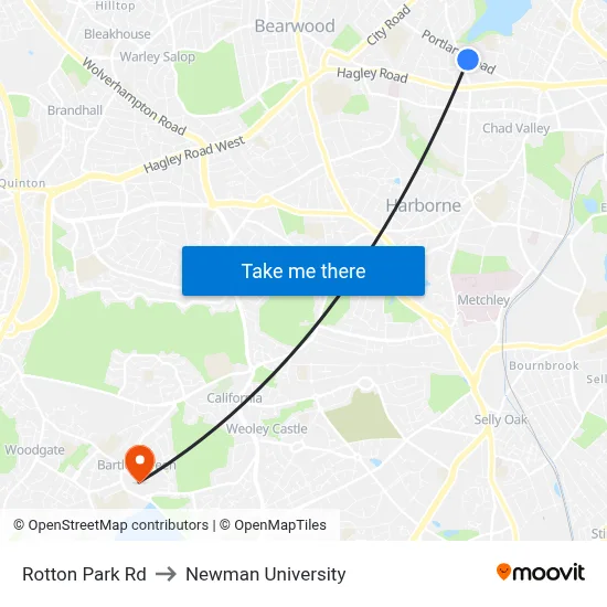 Rotton Park Rd to Newman University map