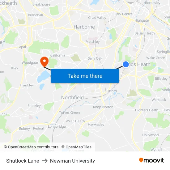 Shutlock Lane to Newman University map