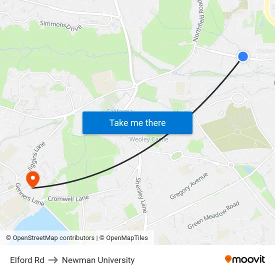Elford Rd to Newman University map