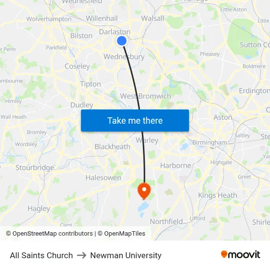 All Saints Church to Newman University map