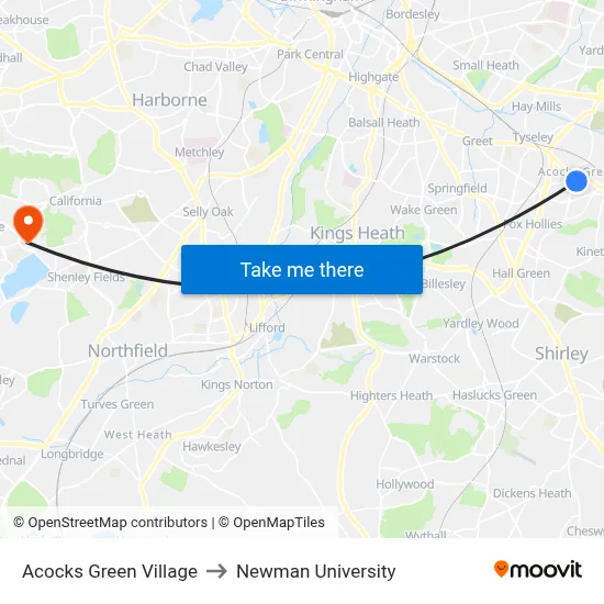 Acocks Green Village to Newman University map