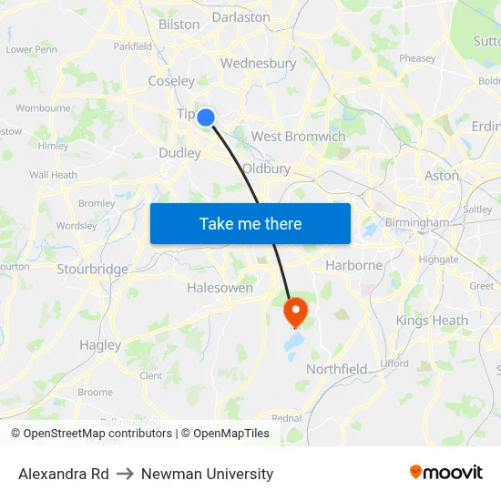 Alexandra Rd to Newman University map