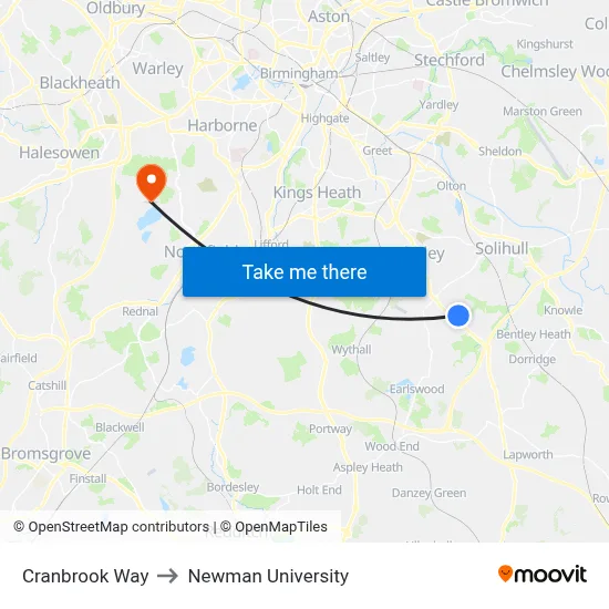 Cranbrook Way to Newman University map