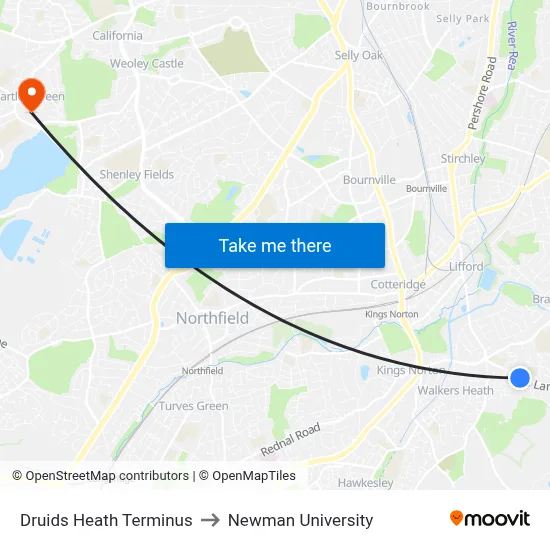 Druids Heath Terminus to Newman University map