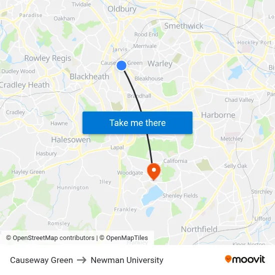 Causeway Green to Newman University map