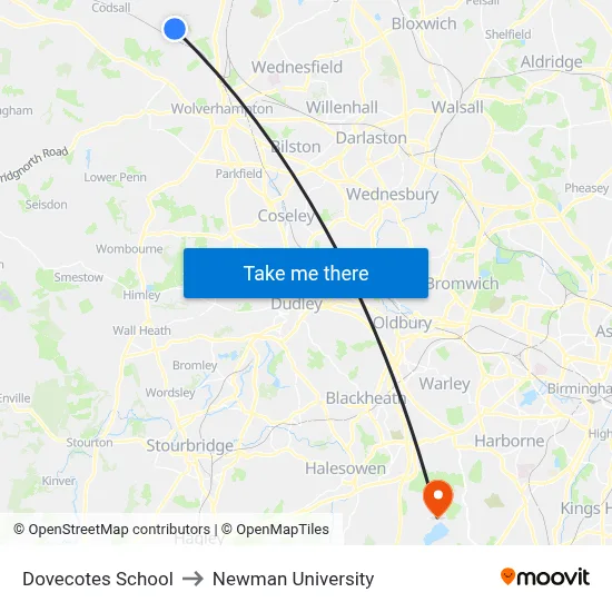 Dovecotes School to Newman University map