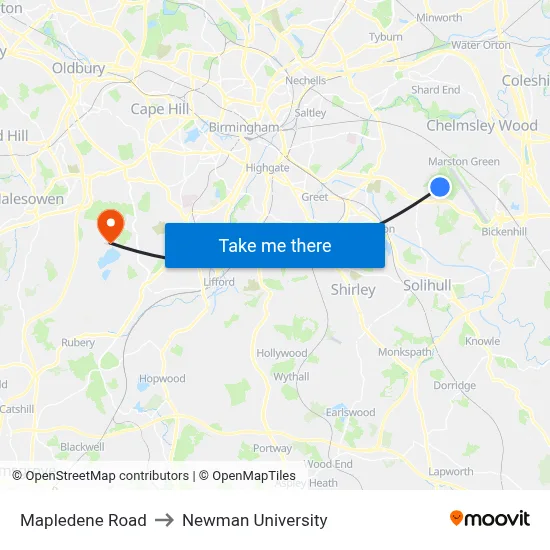 Mapledene Road to Newman University map