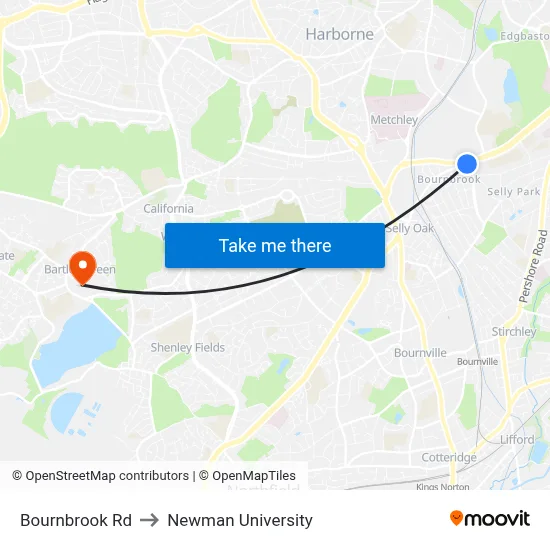 Bournbrook Rd to Newman University map