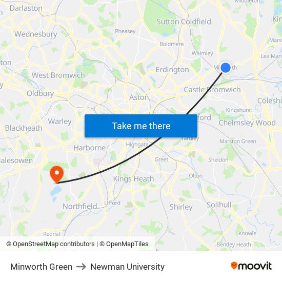 Minworth Green to Newman University map