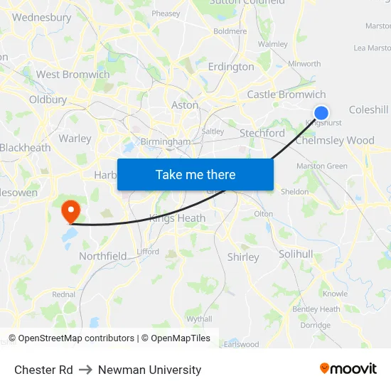 Chester Rd to Newman University map