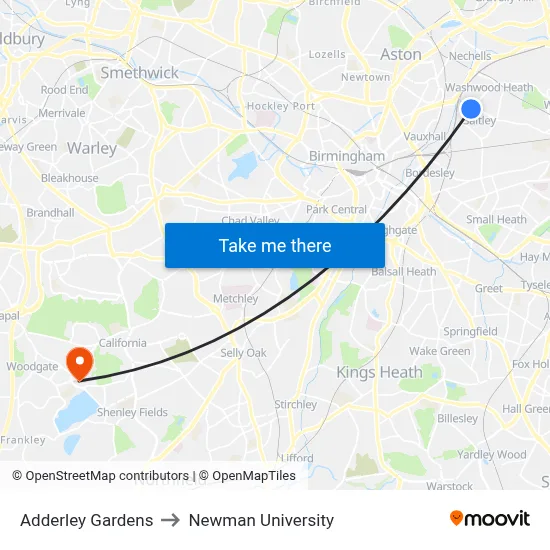 Adderley Gardens to Newman University map