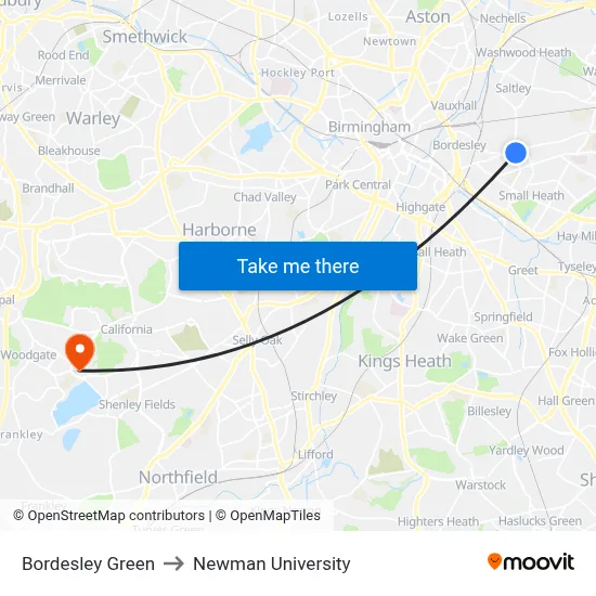 Bordesley Green to Newman University map