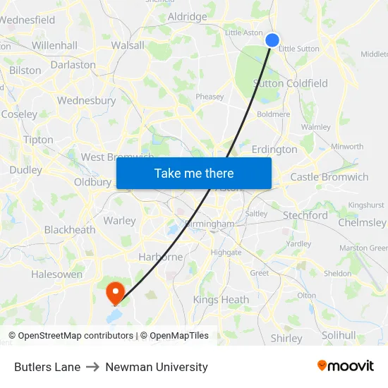 Butlers Lane to Newman University map