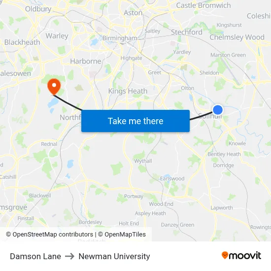 Damson Lane to Newman University map