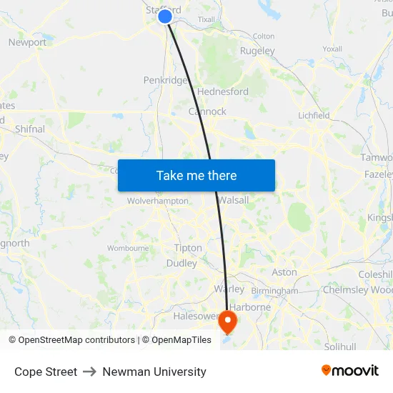 Cope Street to Newman University map