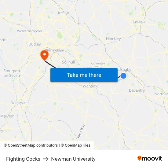 Fighting Cocks to Newman University map