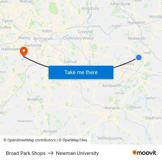 Broad Park Shops to Newman University map