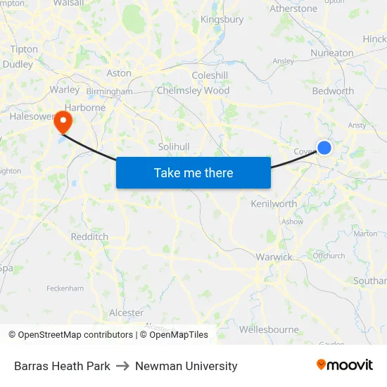 Barras Heath Park to Newman University map