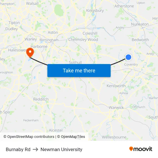 Burnaby Rd to Newman University map