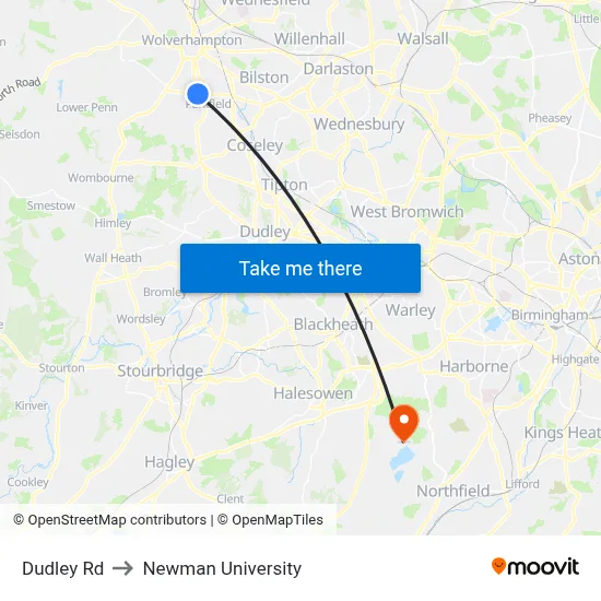 Dudley Rd to Newman University map