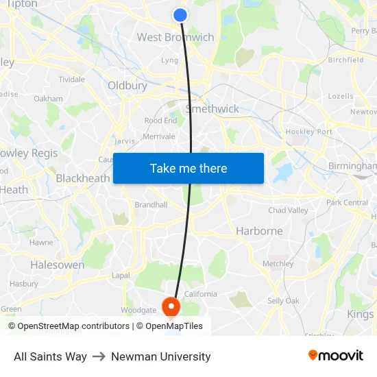 All Saints Way to Newman University map