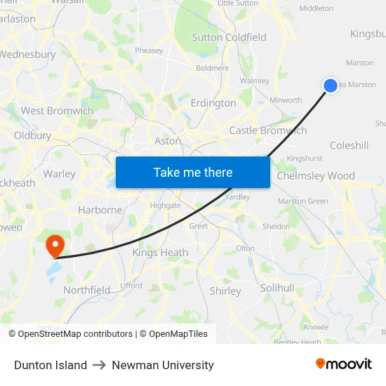 Dunton Island to Newman University map