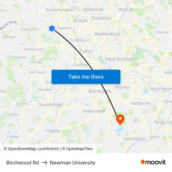 Birchwood Rd to Newman University map