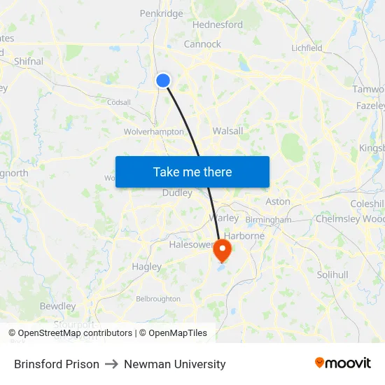 Brinsford Prison to Newman University map