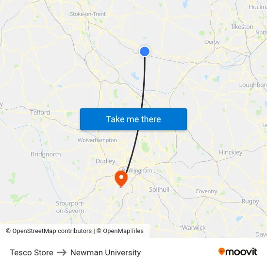 Tesco Store to Newman University map
