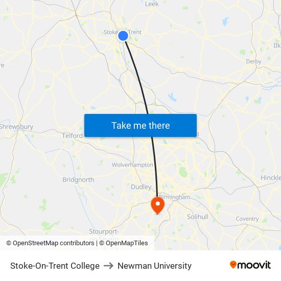 Stoke-On-Trent College to Newman University map