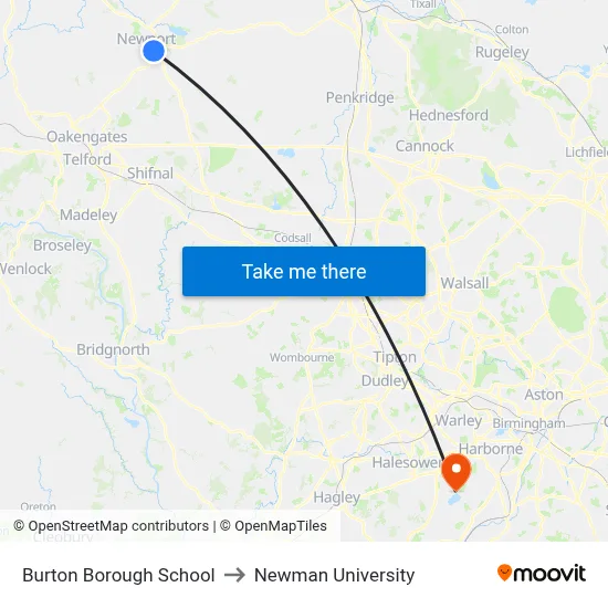 Burton Borough School to Newman University map
