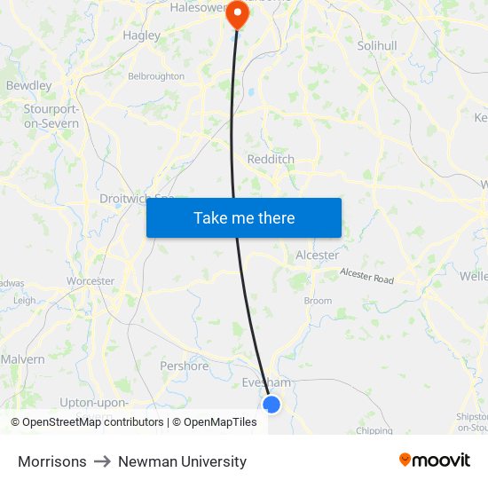 Morrisons to Newman University map