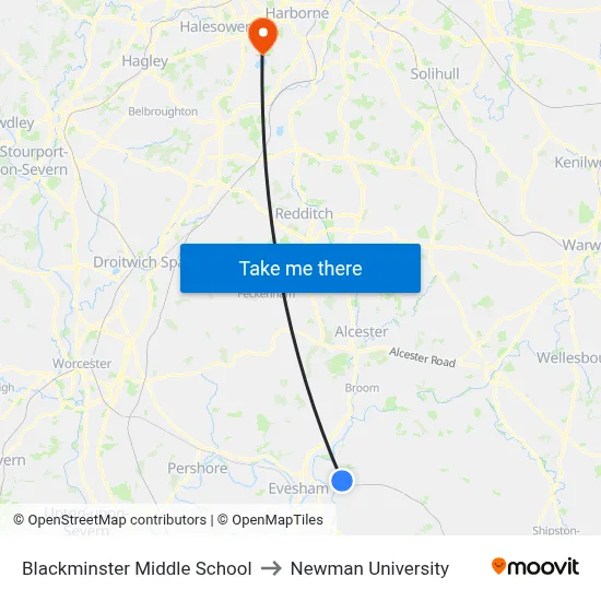 Blackminster Middle School to Newman University map