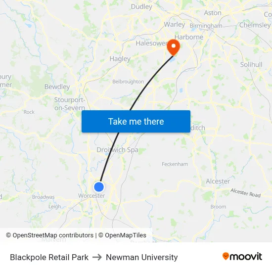 Blackpole Retail Park to Newman University map