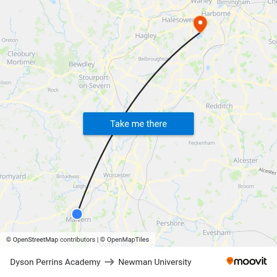 Dyson Perrins Academy to Newman University map