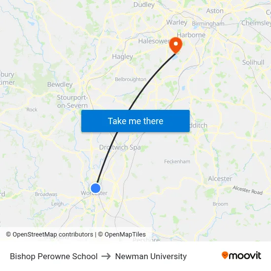 Bishop Perowne School to Newman University map