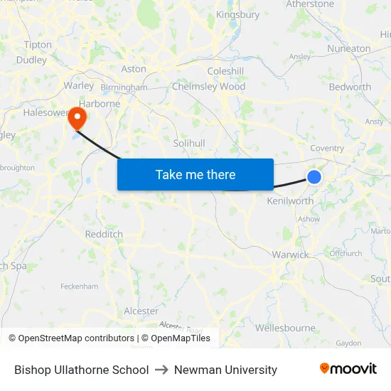 Bishop Ullathorne School to Newman University map